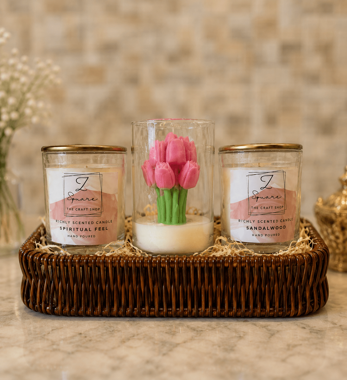 Elegant tulip candle gift basket for Eid, birthdays and Mother's Day – Z Square Craft